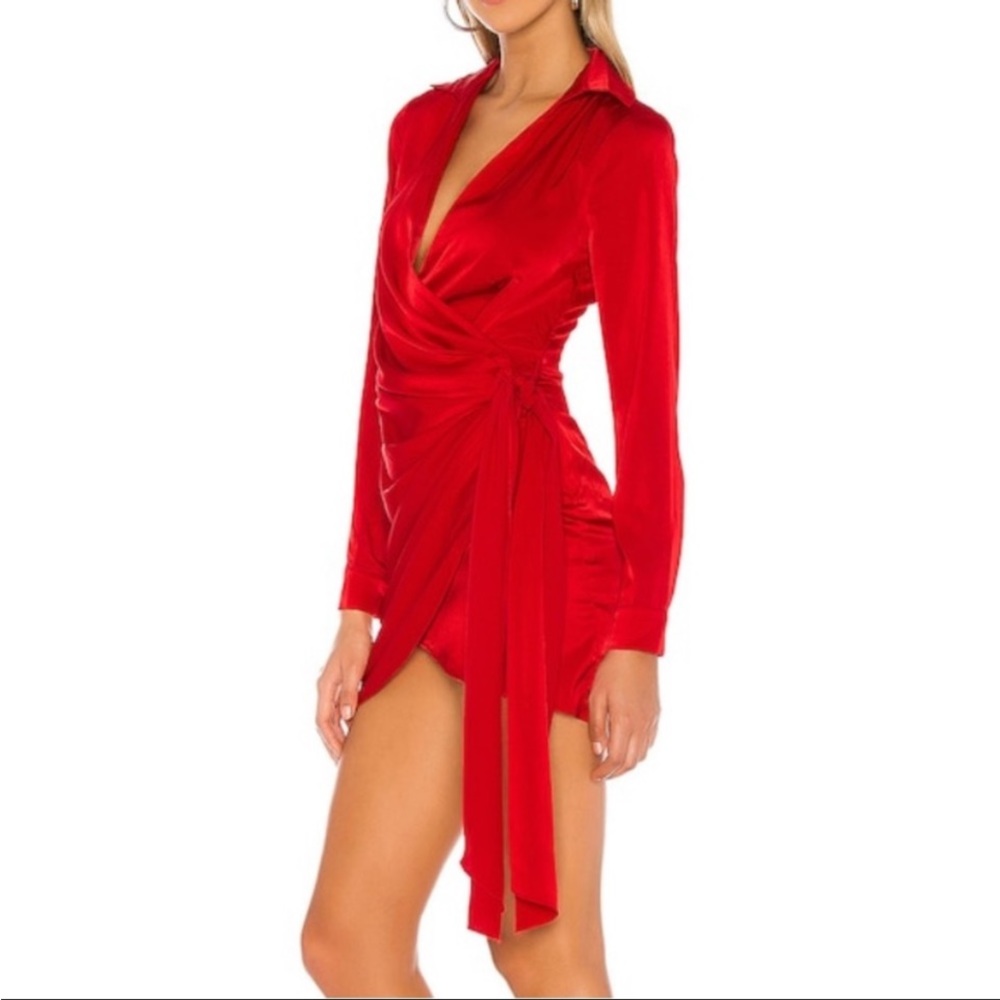 House of Harlow red satin faux wrap tie collar long sleeve dress revolve